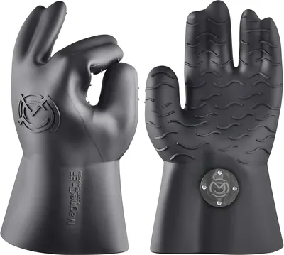 Highlights the structural features of the gloves including the textured grip pattern on the palm and fingers, brand logo placement, and metal attachment hardware to help shoppers understand the…