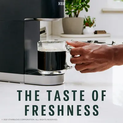 Communicates that the Keurig machine delivers fresh-tasting coffee, emphasizing quality and flavor as a key benefit to shoppers.