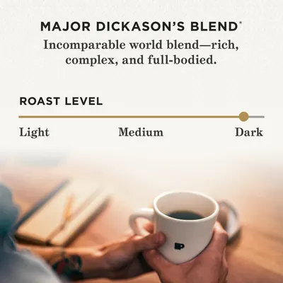 Communicates the roast level of the coffee blend to help shoppers understand the flavor profile and intensity they can expect from this product.