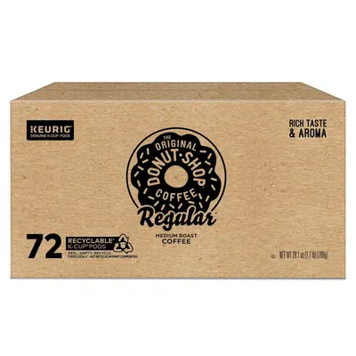 Communicates multiple selling points including sustainability (recyclable pods), quality (rich taste and aroma), and value (72-count bulk pack) to help shoppers understand key benefits at a glance.