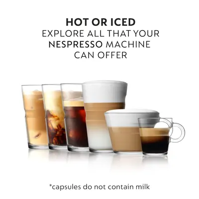 Demonstrates the variety of coffee beverages that can be made with the Nespresso machine, showing versatility in both hot and iced drink options to appeal to different customer preferences.