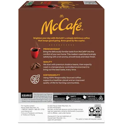 Communicates three key selling points of the McCafe coffee: premium roast quality, high-quality Arabica beans with expert roasting, and 100% responsibly sourced sustainability credentials to appeal…