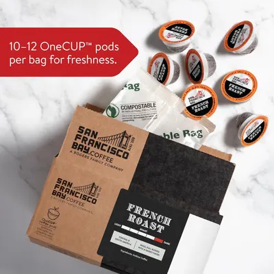 Communicates that the coffee pods are packaged in bags containing 10-12 pods to maintain freshness, reassuring shoppers about product quality and storage.