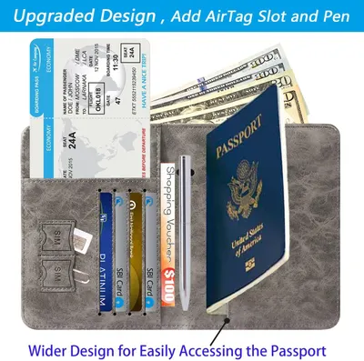 Highlights the upgraded design features including an AirTag slot, pen holder, and wider layout that makes accessing the passport easier for travelers.