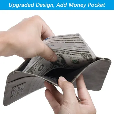 Highlights the wallet's upgraded design featuring a dedicated money pocket for storing cash, demonstrating the product's practical storage capability.
