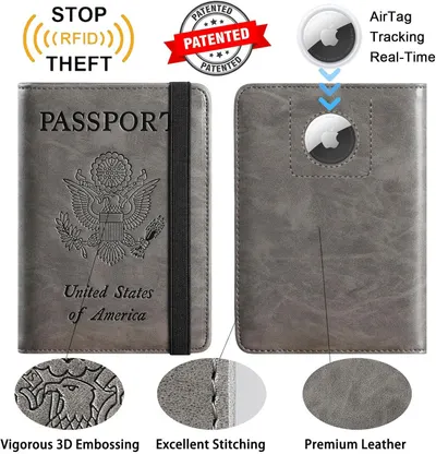 Showcases multiple key features of the passport holder including RFID blocking security, AirTag tracking capability, premium leather material, embossed design, and quality stitching to demonstrate…
