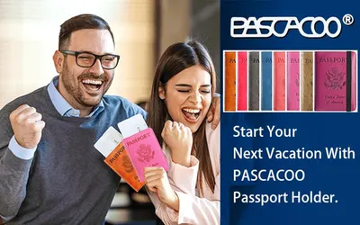 Demonstrates the product's use case for travel and vacation by showing excited travelers holding passports in the passport holder, emphasizing its relevance for trips.