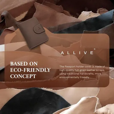 Communicates that the passport holder is made from environmentally friendly full-grain leather scraps using traditional handcrafts, appealing to eco-conscious shoppers.