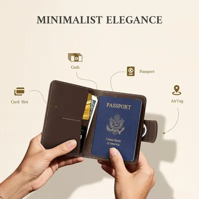This image breaks down the passport wallet by highlighting its key functional components including card slots, cash storage, passport holder, and AirTag compatibility to help shoppers understand the…