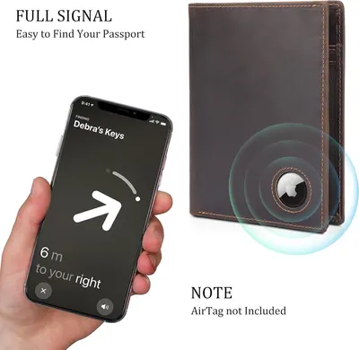 Demonstrates that the wallet has a built-in slot for an AirTag tracker, allowing users to easily locate their passport or wallet using their phone's Find My app.
