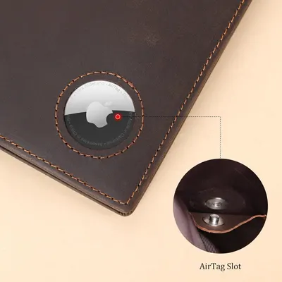 Highlights the built-in AirTag slot feature of the leather product, showing shoppers how the product accommodates Apple AirTag tracking devices for added security and convenience.