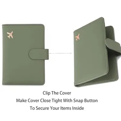 Demonstrates how the snap button closure secures the cover tightly to keep items safely inside the passport holder.