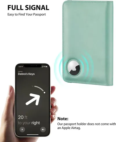 Demonstrates that the passport holder has a built-in slot for an Apple AirTag, allowing users to easily track and locate their passport using their phone.