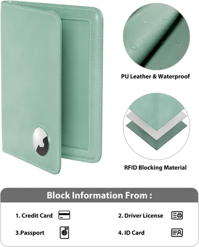 Showcases three key features of the wallet case: premium PU leather construction, waterproof protection, and RFID blocking security to protect credit cards, driver licenses, passports, and ID cards.