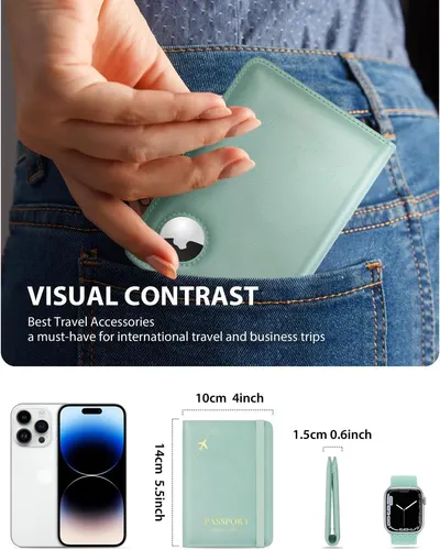 Demonstrates the product as a travel accessory that fits conveniently in a pocket, ideal for international travel and business trips. Shows exact dimensions of the passport holder and compares its…