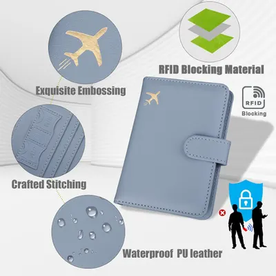 Showcases multiple key features of the passport holder including RFID security protection, decorative embossing, quality stitching, and waterproof material to demonstrate the product's comprehensive…