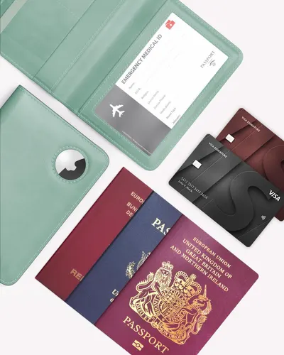 Shows everything included with the travel wallet organizer to help shoppers understand the complete package and its organizational features for travel documents and cards.