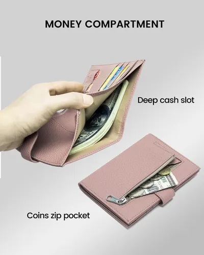 This image breaks down the wallet's internal organization by highlighting the deep cash slot and coins zip pocket, helping shoppers understand how the product stores different types of currency.