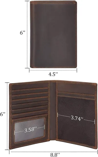 Communicates the exact dimensions of the wallet both closed and open, helping shoppers understand the physical size and internal capacity before purchase.