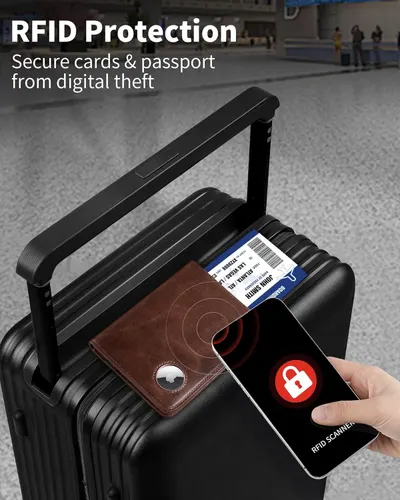 Communicates that the product protects cards and passports from digital theft by blocking RFID scanners, providing security and peace of mind for travelers.