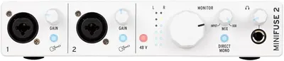 This image shows the physical layout and labeled components of an audio interface, helping shoppers understand the input/output configuration and control features available on the device.