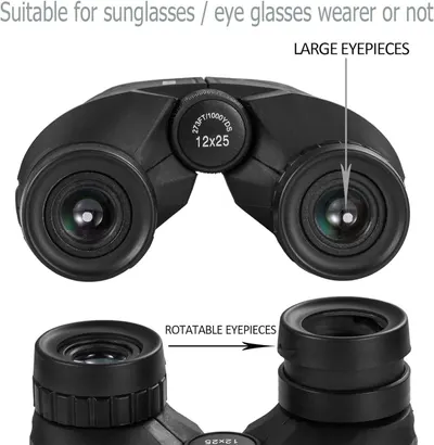 Highlights the physical design features of the binoculars, specifically the large eyepieces for glasses wearers and the rotatable eyepieces for adjustable comfort. Communicates that the binoculars…