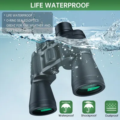 Communicates that the binoculars are fully waterproof with O-ring sealed optics, suitable for any weather and environment, reassuring shoppers of durability in wet conditions.