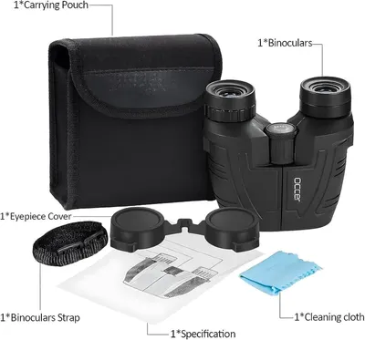 Shows all items included with the binoculars purchase to help shoppers understand the complete package value including carrying pouch, strap, eyepiece cover, cleaning cloth, and specification manual.