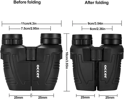 Demonstrates the binoculars compact folding capability and provides exact physical dimensions before and after folding to show portability and space-saving design.