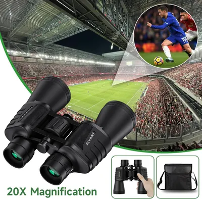 Demonstrates the binoculars powerful magnification for sports viewing and highlights the complete package with carrying case to reassure shoppers of its value and convenience.