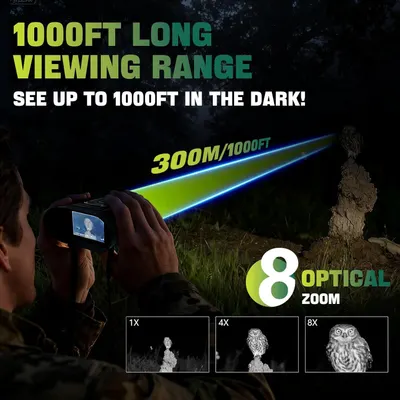 Communicates the impressive viewing range and night vision capability of the product, emphasizing its ability to see up to 1000 feet in the dark to reassure shoppers of its powerful performance.…