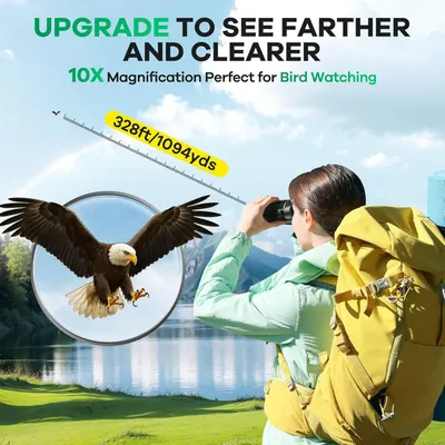 Communicates the powerful magnification capability and viewing distance to demonstrate the product's performance for bird watching and outdoor observation. Highlights the upgrade benefit of seeing…