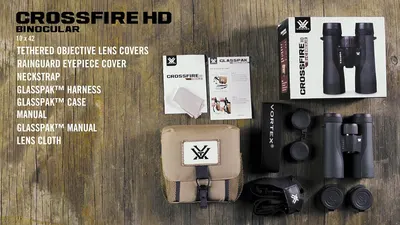Shows everything included with the Crossfire HD binoculars purchase including the binoculars, protective case, harness, lens covers, manuals, and cleaning cloth to demonstrate the complete value of…