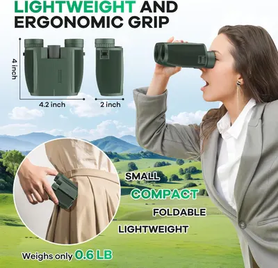 Communicates multiple key benefits of the binoculars including lightweight design, ergonomic grip, compact foldable size, and portability to reassure shoppers this product is easy to carry and…