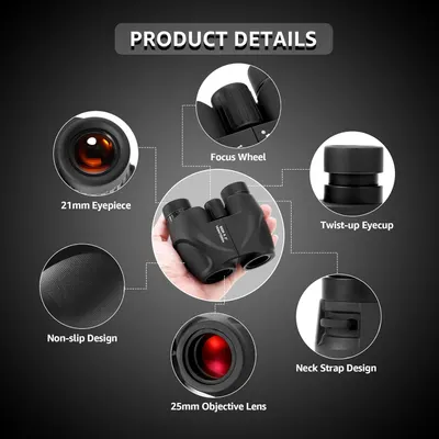 This image breaks down the binoculars by highlighting and labeling its key physical components and design features to help shoppers understand the product's construction and functional parts.