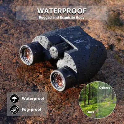 Demonstrates the product's superior waterproof and fog-proof performance compared to competitors, showing clear visibility in wet conditions. Highlights the binoculars' waterproof capability and…