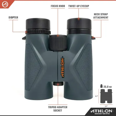 This image breaks down the physical components and features of the binoculars to help shoppers understand the product's construction and functional parts.