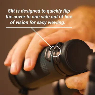 Highlights the slit feature that allows users to quickly flip the cover to one side for easy viewing without obstruction. Communicates the convenience benefit of the flip-cover slit design for quick…