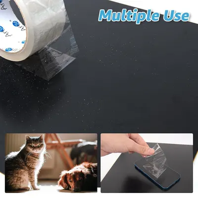 Demonstrates the versatility of the tape product by showing two distinct use cases: removing pet hair from furniture and protecting phone screens, reassuring shoppers of its multi-purpose…