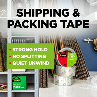 Communicates three distinct benefits of the packing tape in a segmented layout to reassure shoppers about the product's performance and ease of use.