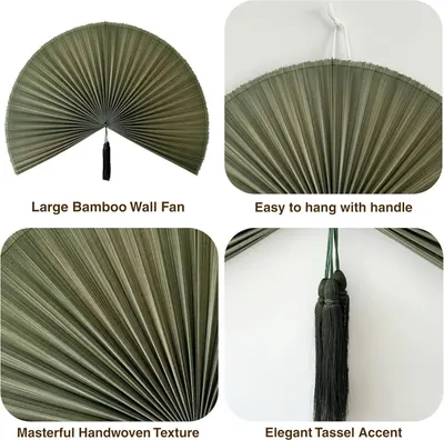 Showcases multiple distinct benefits of the bamboo wall fan including its large size, ease of hanging with handle, handwoven craftsmanship, and decorative tassel detail to communicate overall…