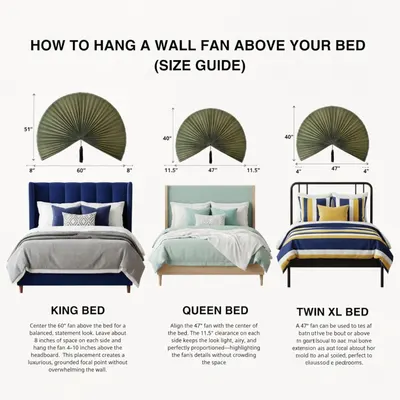 Provides step-by-step guidance on how to properly hang and position a decorative wall fan above different bed sizes, including specific measurements and placement recommendations for optimal visual…