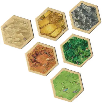 Shows all the hexagonal terrain tiles included in the game set, demonstrating the variety of landscapes (desert, farmland, mountains, forest, pasture, clay) that customers receive with their purchase.