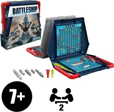 Shows everything included in the Battleship game package to help shoppers understand the complete contents they will receive, including the game board, ship pieces, pegs, and storage case.