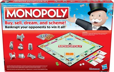 Shows all the components included in the Monopoly game box to help shoppers understand what they receive with their purchase.