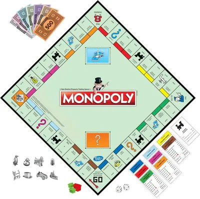 Shows all components included in the Monopoly game package to help shoppers understand the complete contents they will receive and reassure them of the product's completeness and value.