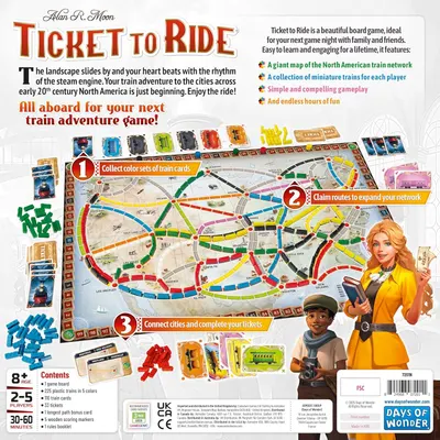 This image showcases multiple distinct features and benefits of the Ticket to Ride board game in a segmented layout with numbered callouts, highlighting the game's map, gameplay mechanics, and…