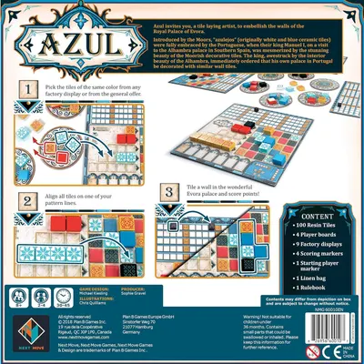 This image provides step-by-step instructions on how to play the Azul board game, showing shoppers the three main gameplay steps (pick tiles, align tiles, tile a wall) to help them understand the…
