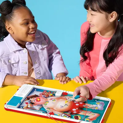 Demonstrates the product in a real-world play scenario with two children enjoying the game together, emphasizing the social and interactive nature of the toy.