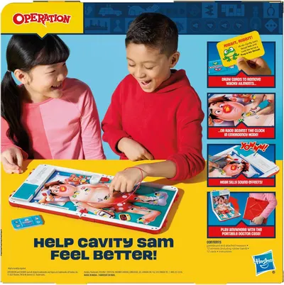 Showcases multiple distinct gameplay features and benefits of the Operation game in a segmented layout to demonstrate variety and entertainment value.